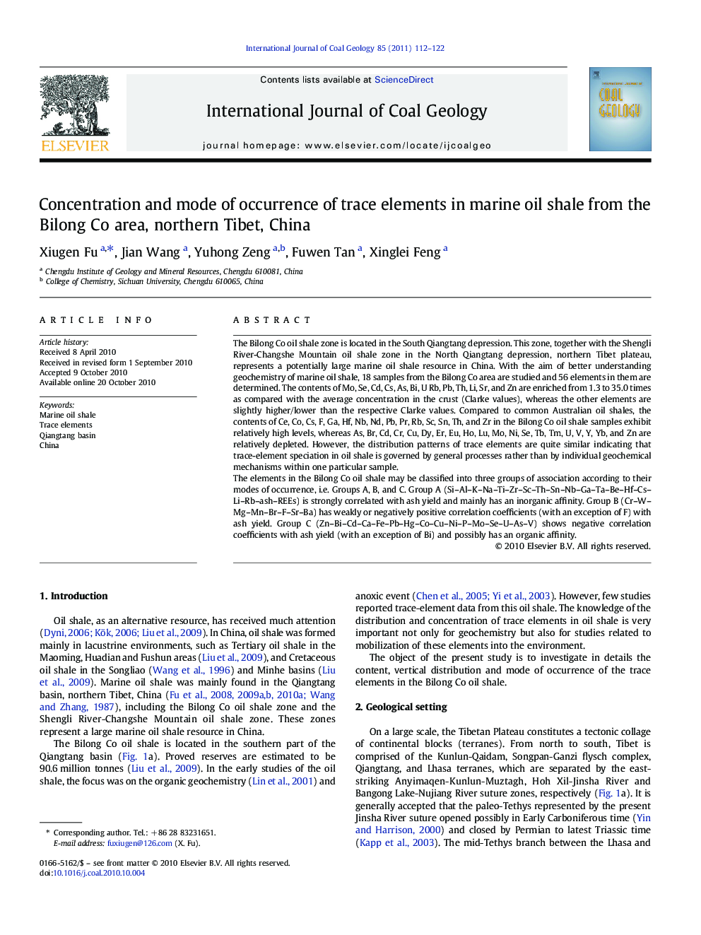 Concentration and mode of occurrence of trace elements in marine oil shale from the Bilong Co area, northern Tibet, China