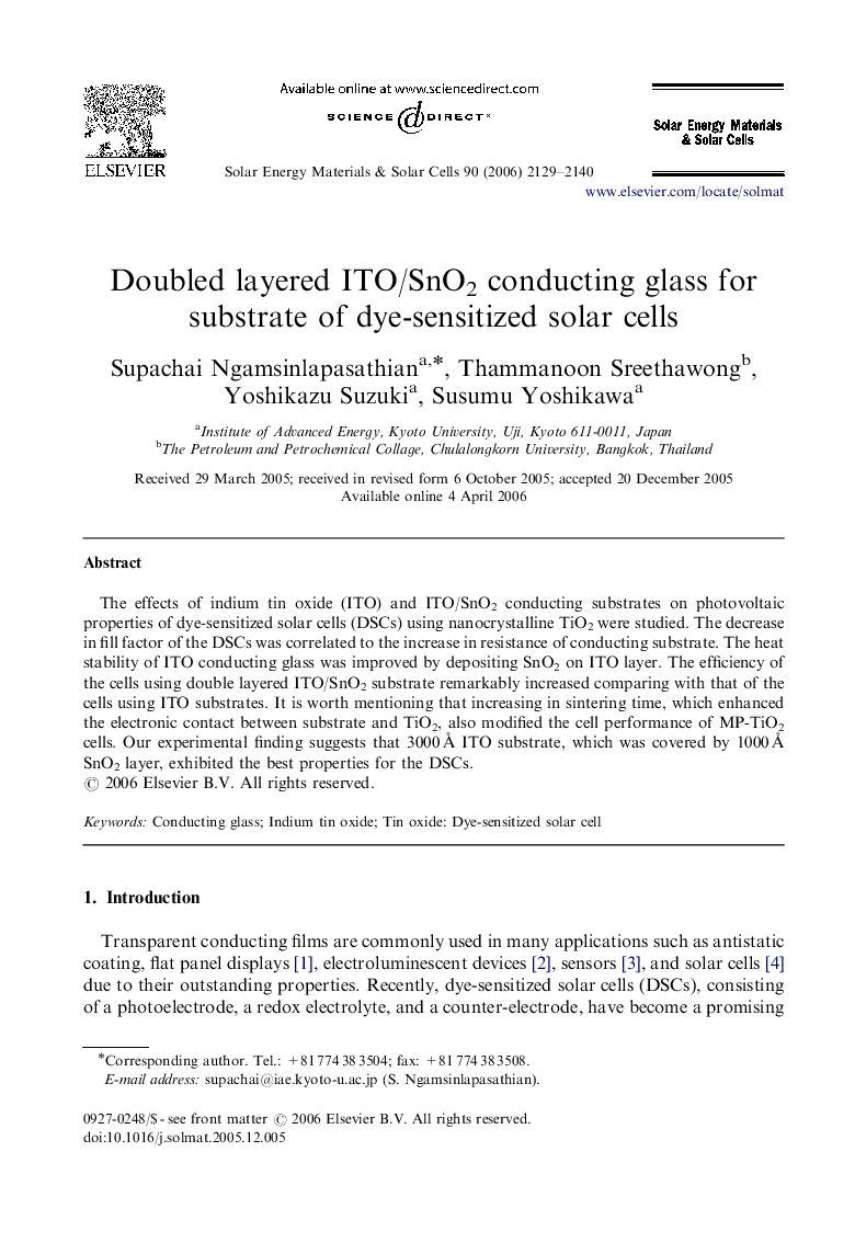 Doubled layered ITO/SnO2 conducting glass for substrate of dye-sensitized solar cells