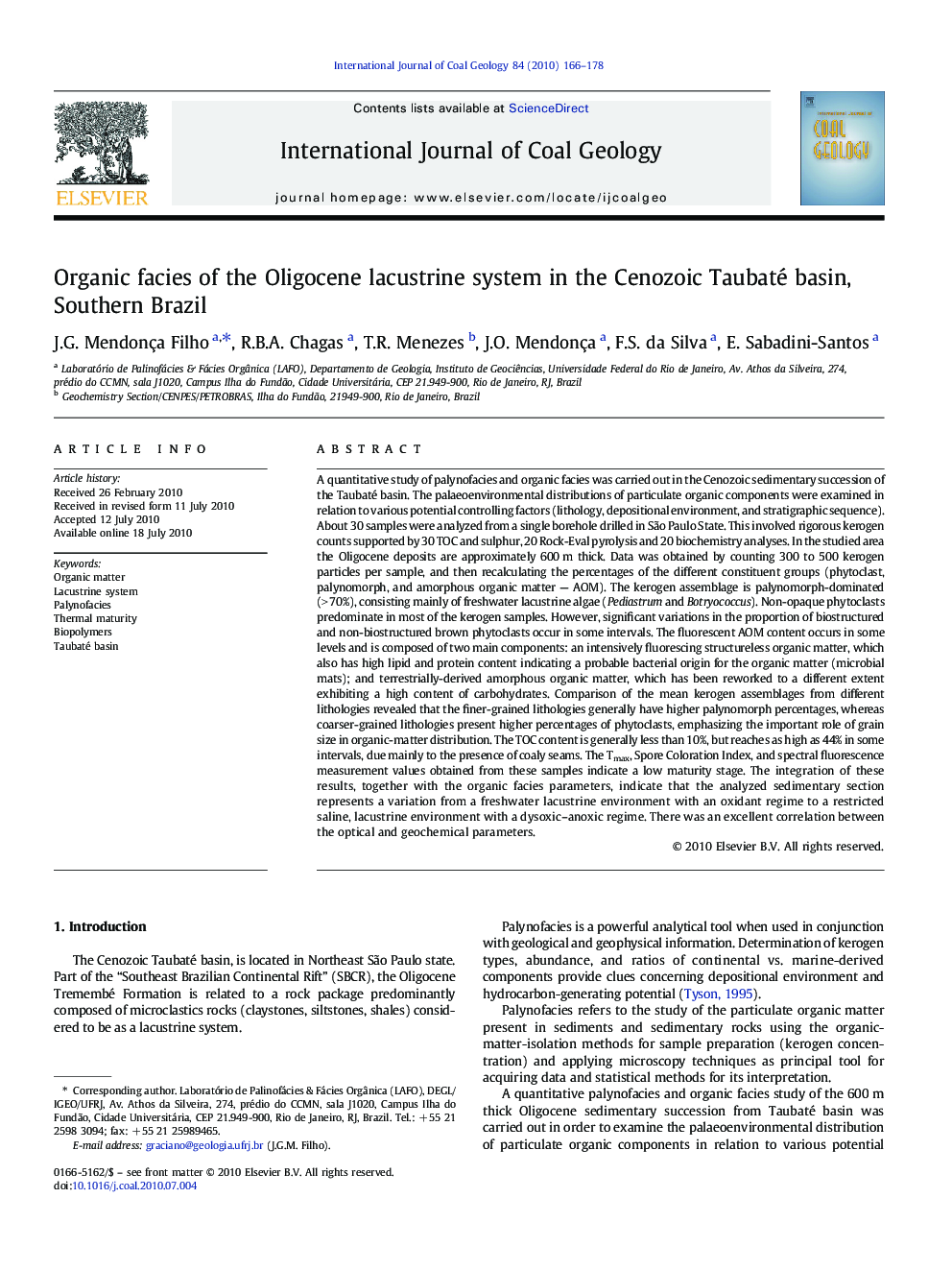 Organic facies of the Oligocene lacustrine system in the Cenozoic Taubaté basin, Southern Brazil