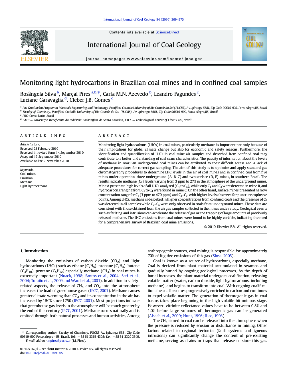 Monitoring light hydrocarbons in Brazilian coal mines and in confined coal samples