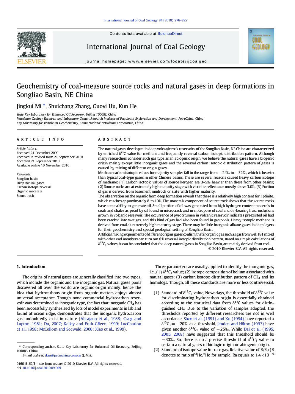 Geochemistry of coal-measure source rocks and natural gases in deep formations in Songliao Basin, NE China