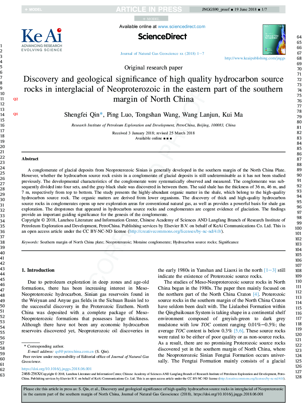 کشف و اهمیت زمین شناسی سنگهای منبع کربنیک با کیفیت بالا در بین گلهای نئوپروتروزیوئیک در بخش شرقی حاشیه جنوبی شمال چین 