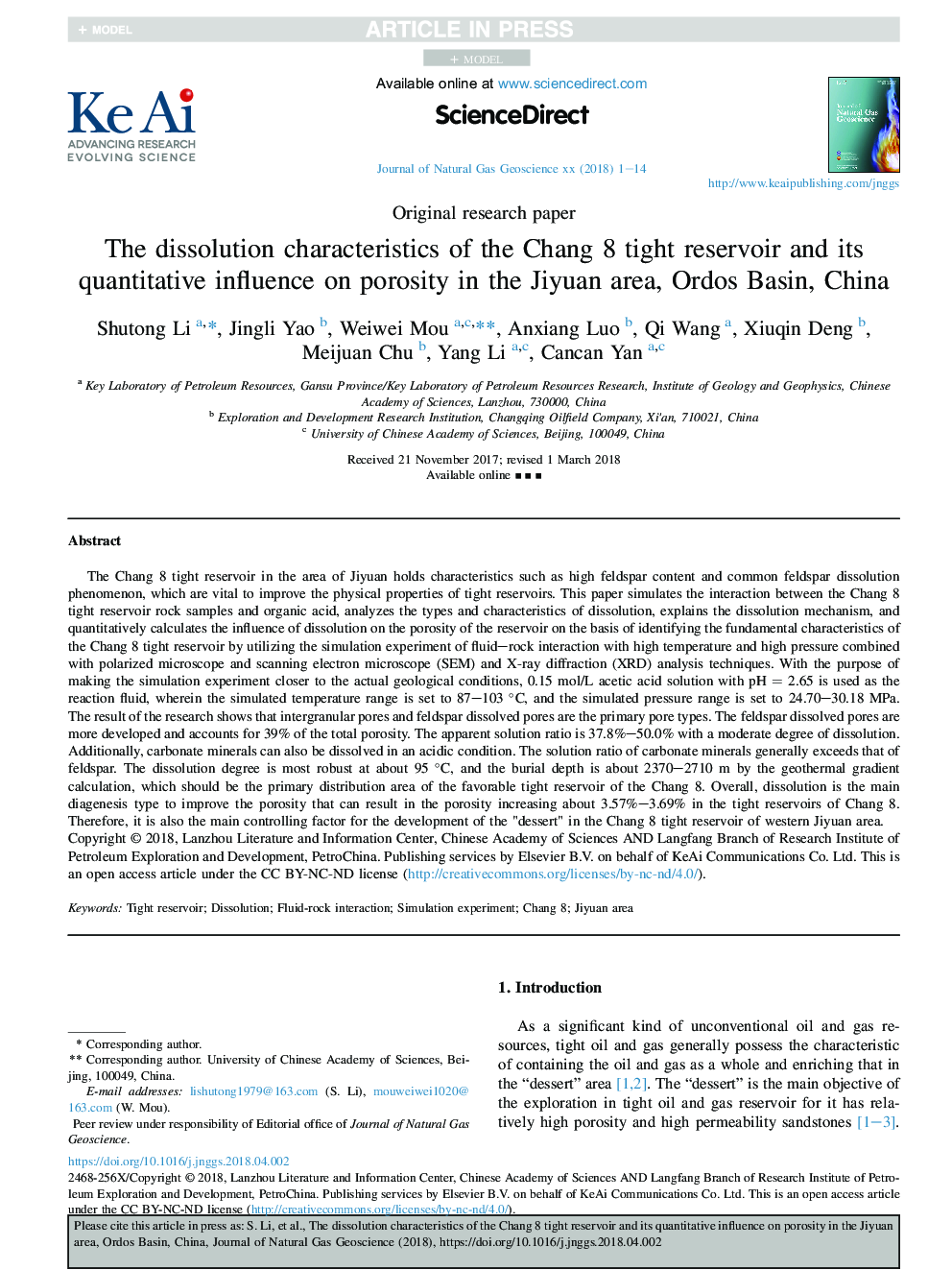 The dissolution characteristics of the Chang 8 tight reservoir and its quantitative influence on porosity in the Jiyuan area, Ordos Basin, China