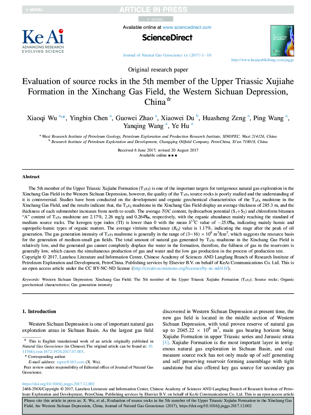 Evaluation of source rocks in the 5th member of the Upper Triassic Xujiahe Formation in the Xinchang Gas Field, the Western Sichuan Depression, China