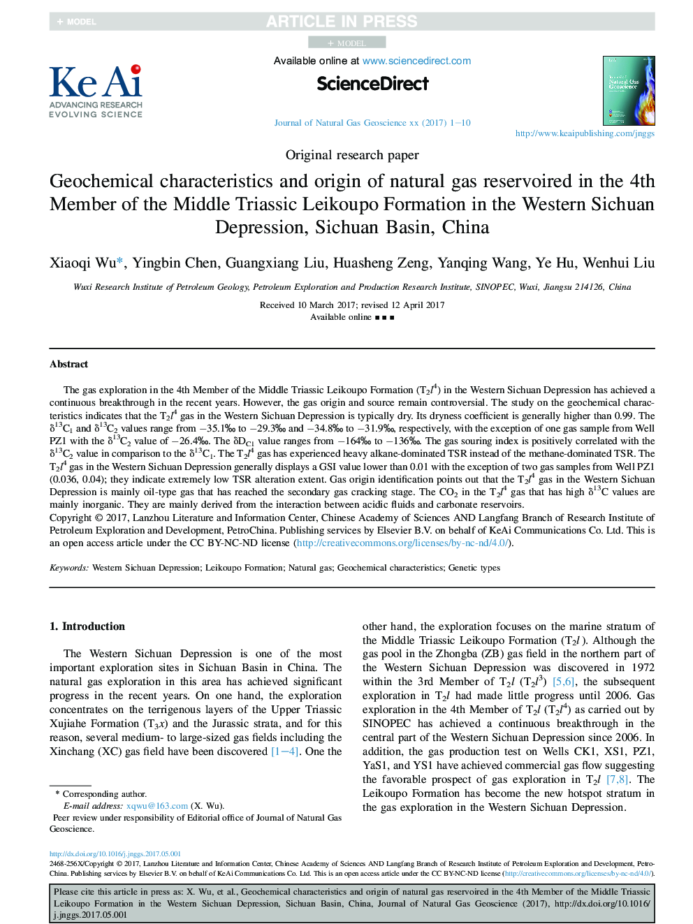 خصوصیات و منشاء ژئوشیمیایی گاز طبیعی ذخیره شده در عضو چهارم تشکیلات لیکوپو ترایسای میانی در افسردگی غرب سیچوان، حوضه سیچوان، چین 