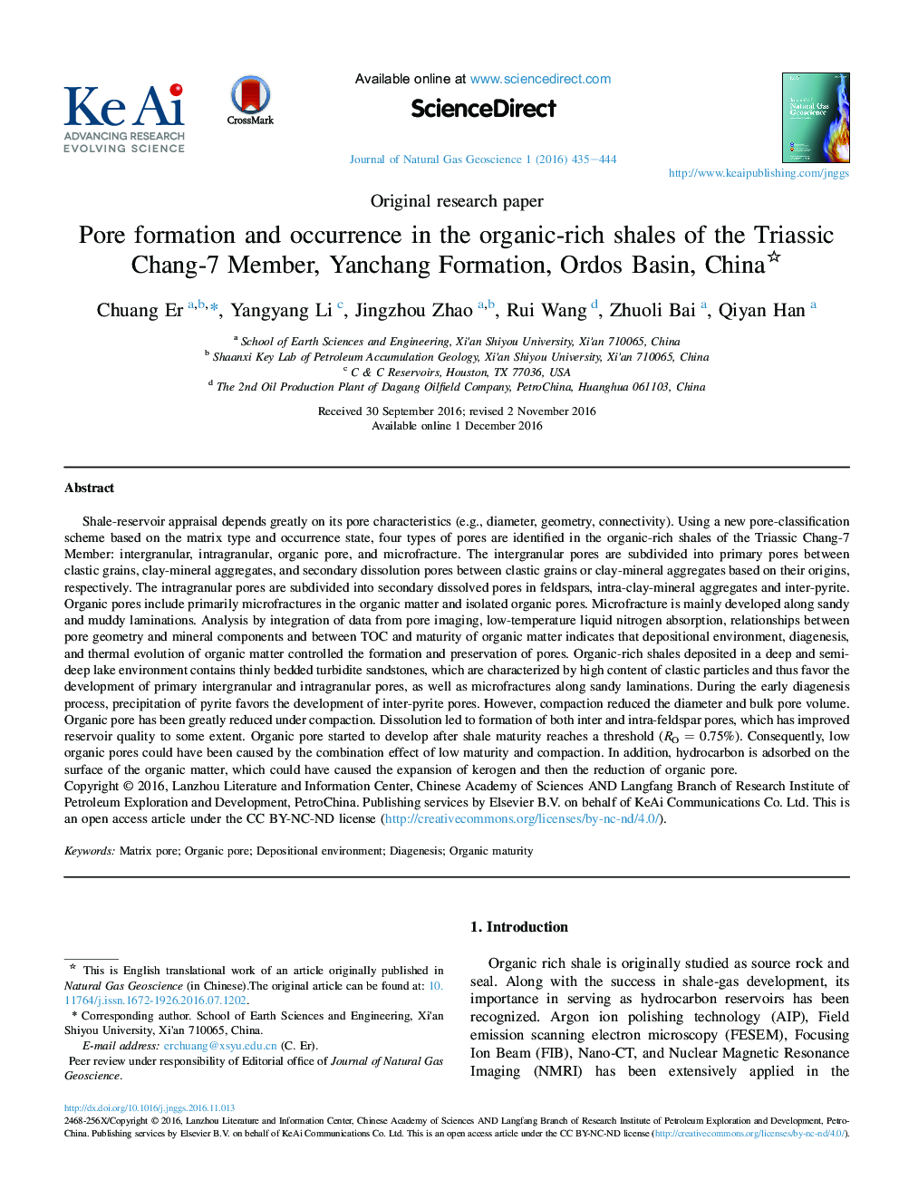 Pore formation and occurrence in the organic-rich shales of the Triassic Chang-7 Member, Yanchang Formation, Ordos Basin, China