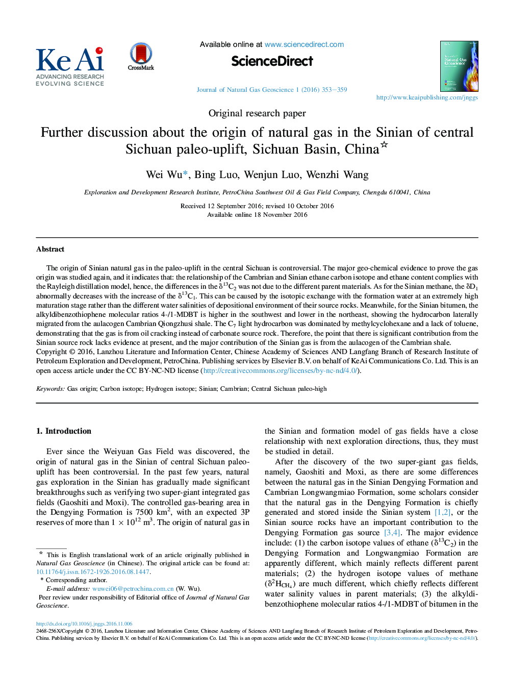 Further discussion about the origin of natural gas in the Sinian of central Sichuan paleo-uplift, Sichuan Basin, China
