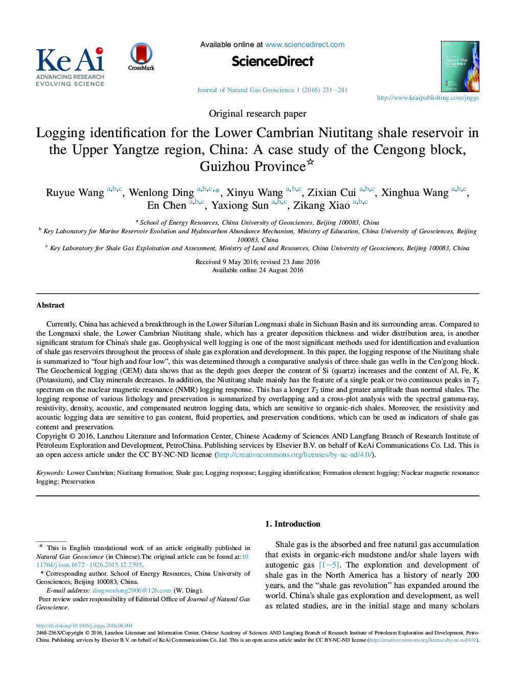 Logging identification for the Lower Cambrian Niutitang shale reservoir in the Upper Yangtze region, China: A case study of the Cengong block, Guizhou Province