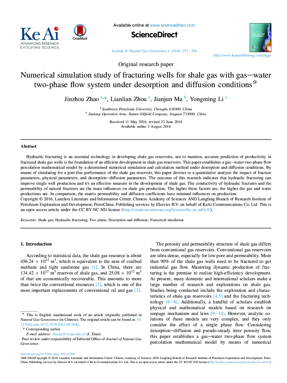 Numerical simulation study of fracturing wells for shale gas with gas-water two-phase flow system under desorption and diffusion conditions