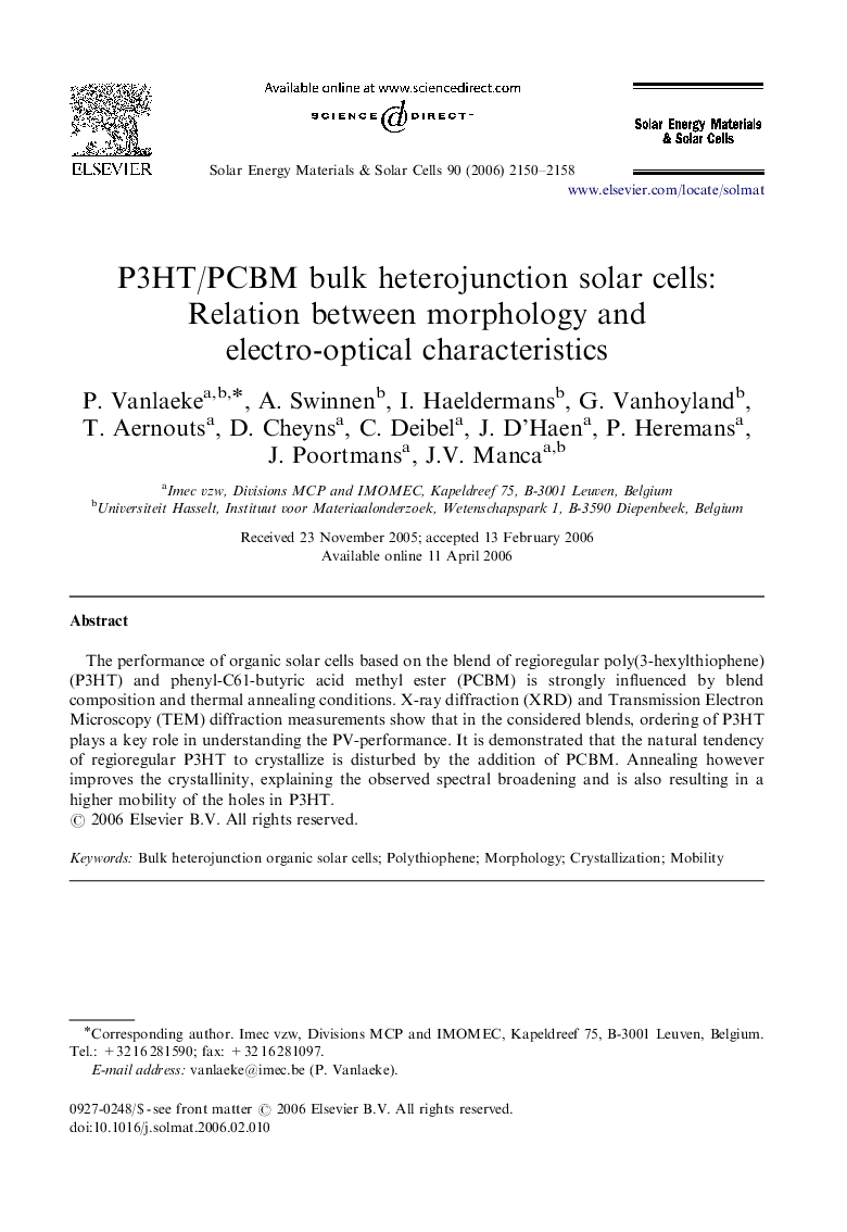 P3HT/PCBM bulk heterojunction solar cells: Relation between morphology and electro-optical characteristics