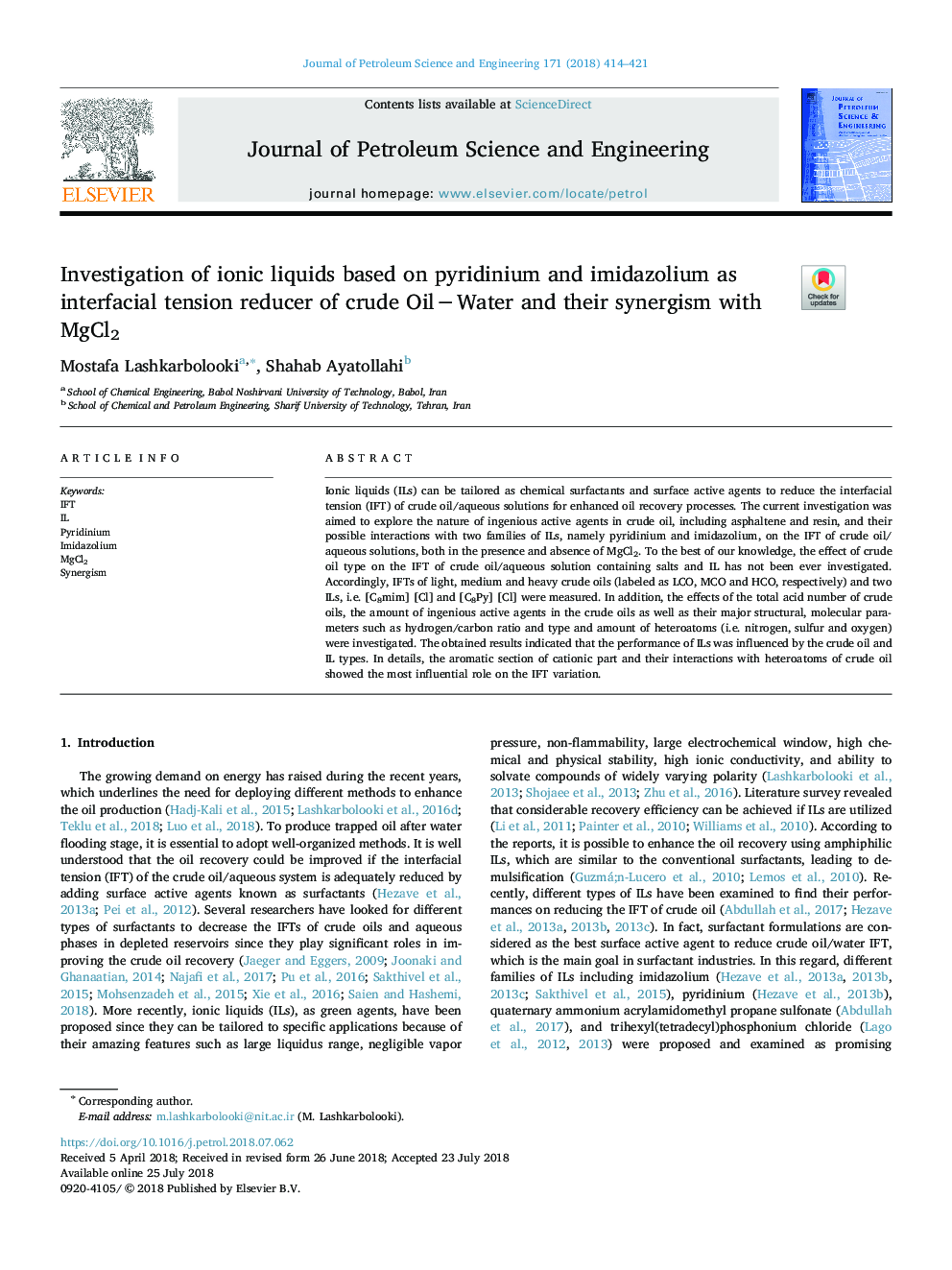 Investigation of ionic liquids based on pyridinium and imidazolium as interfacial tension reducer of crude OilâWater and their synergism with MgCl2