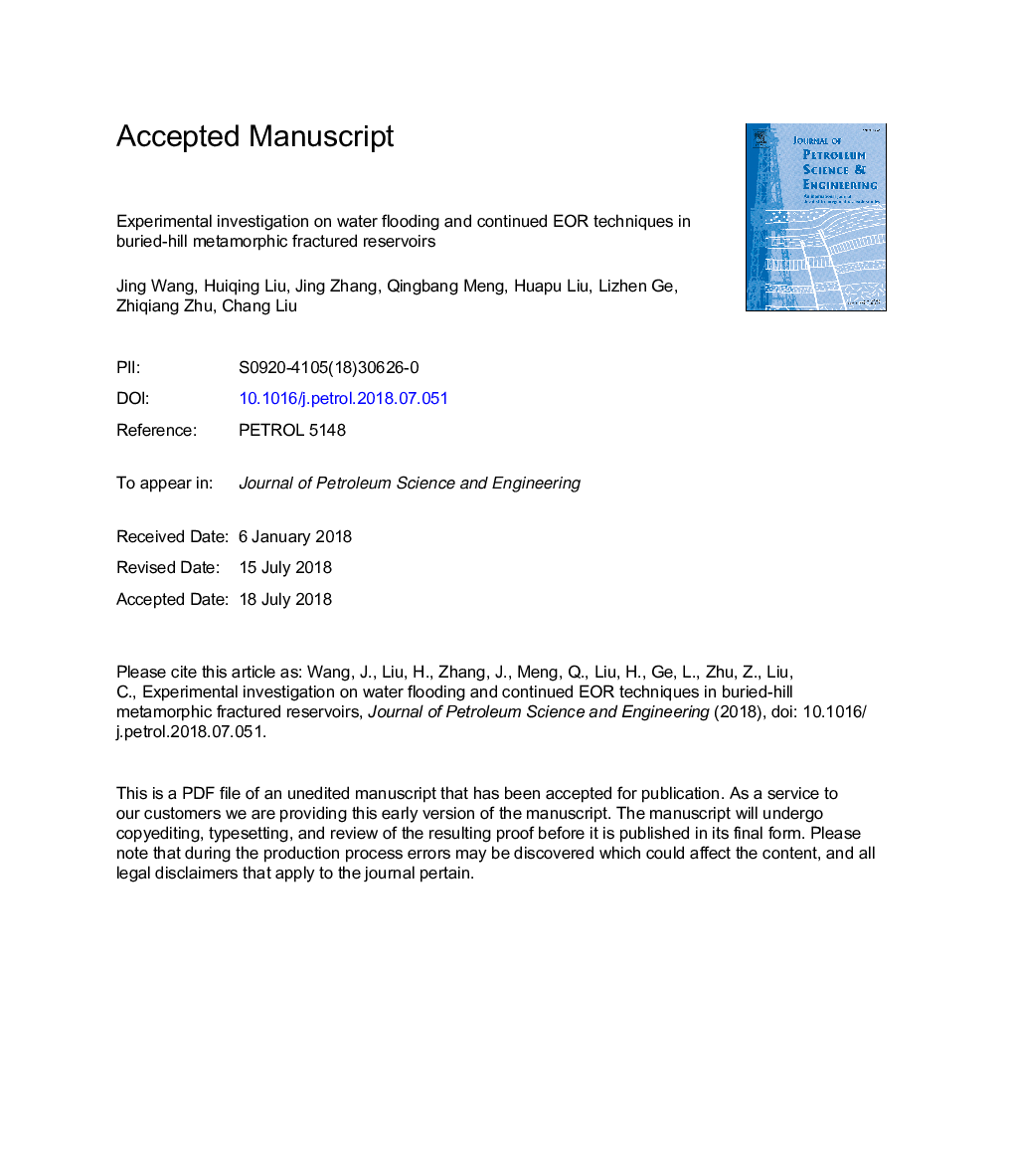 Experimental investigation on water flooding and continued EOR techniques in buried-hill metamorphic fractured reservoirs