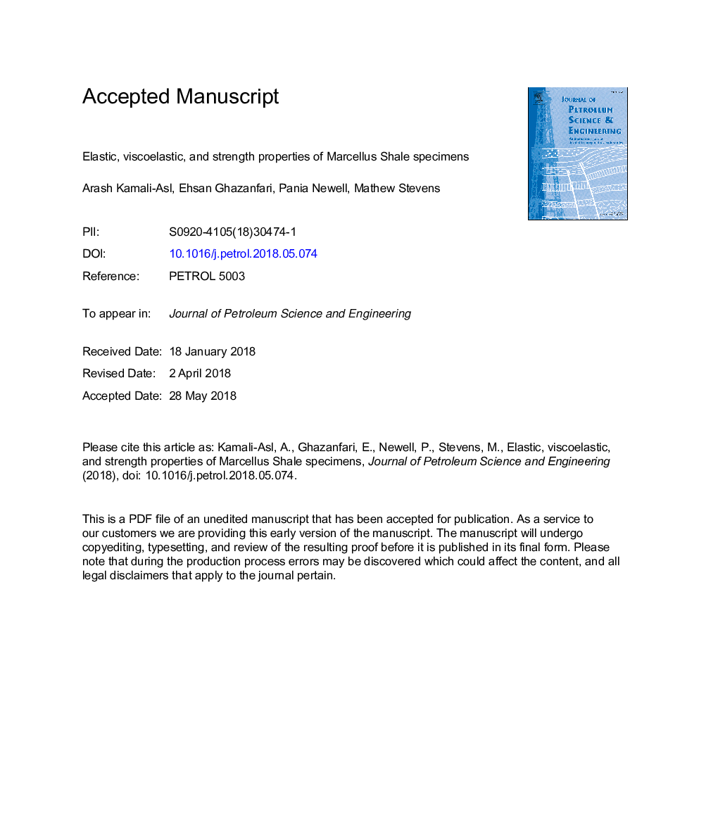 Elastic, viscoelastic, and strength properties of Marcellus Shale specimens