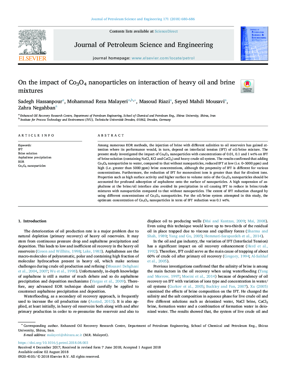 On the impact of Co3O4 nanoparticles on interaction of heavy oil and brine mixtures