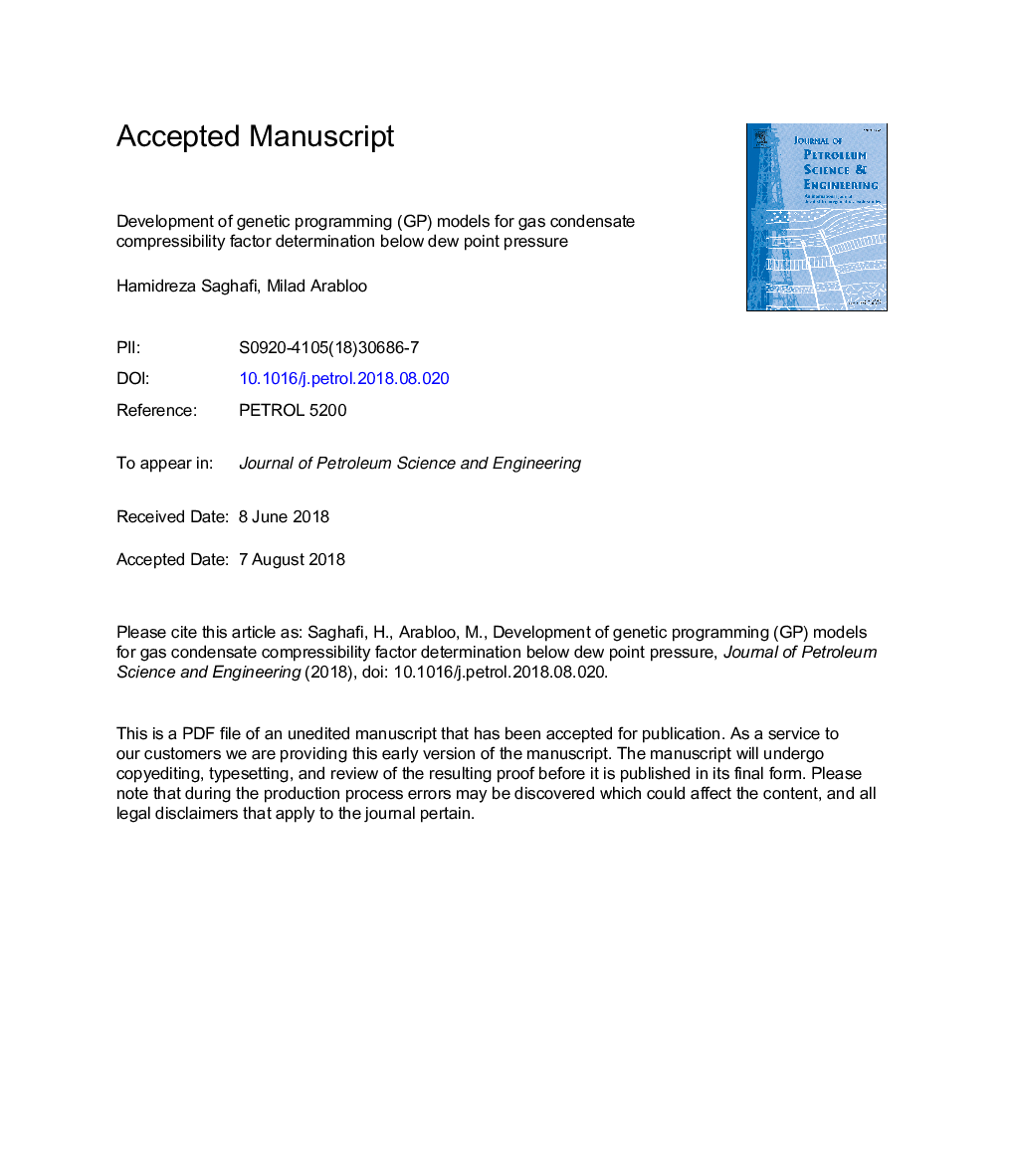 Development of genetic programming (GP) models for gas condensate compressibility factor determination below dew point pressure