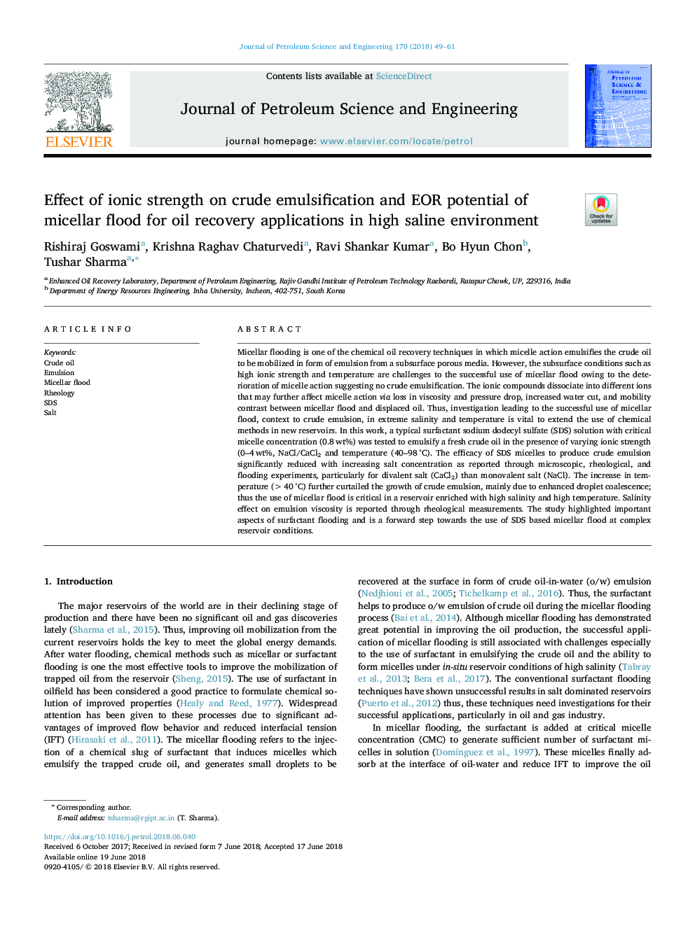 Effect of ionic strength on crude emulsification and EOR potential of micellar flood for oil recovery applications in high saline environment