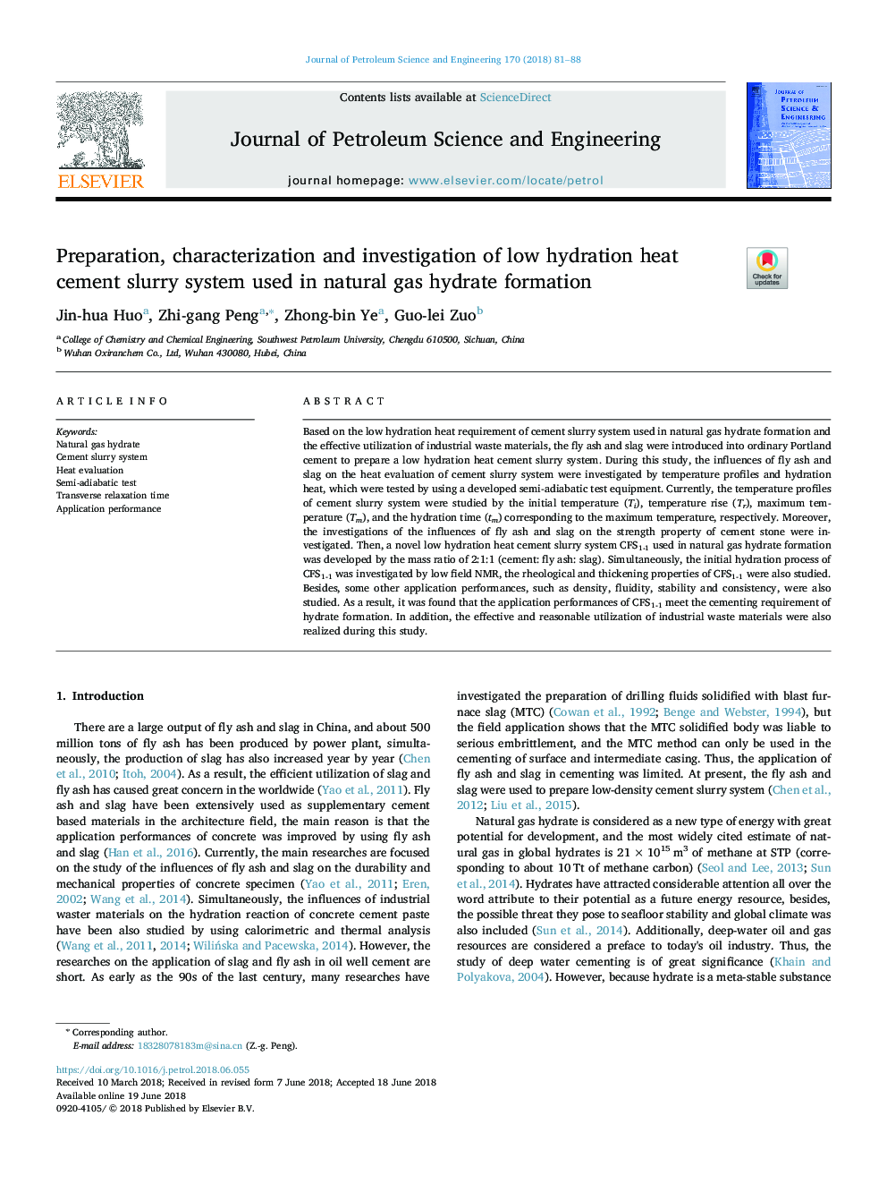 Preparation, characterization and investigation of low hydration heat cement slurry system used in natural gas hydrate formation