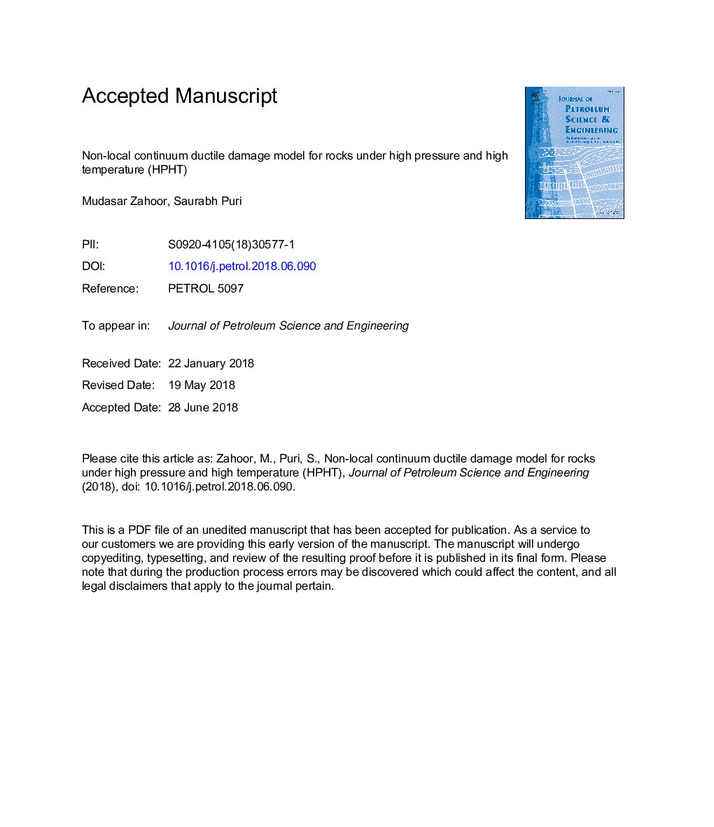 عکس صفحه اول مقاله: Non-local continuum ductile damage model for rocks under high pressure and high temperature (HPHT) Non-local continuum ductile damage model for rocks under high pressure and high temperature (HPHT)