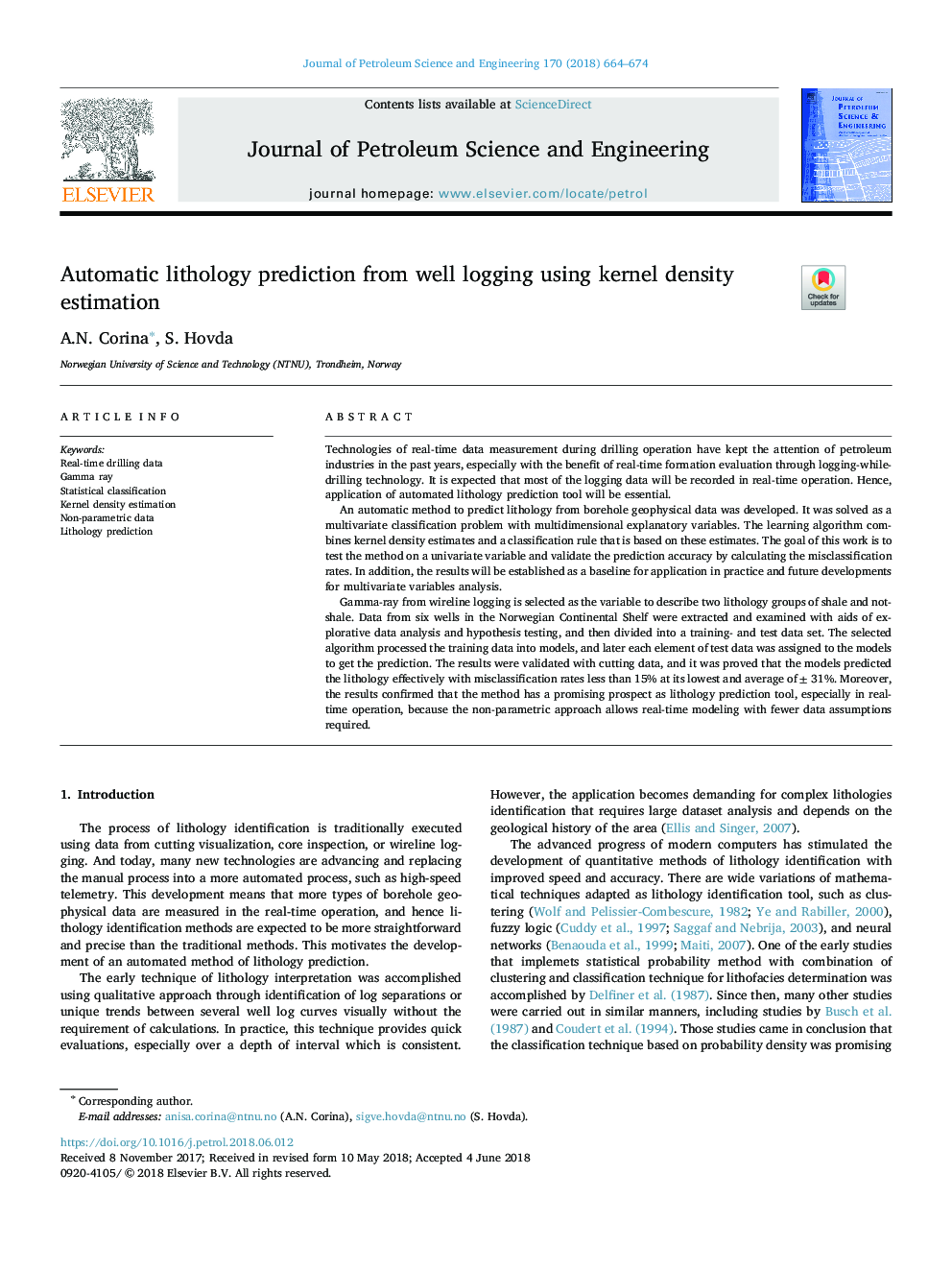 Automatic lithology prediction from well logging using kernel density estimation