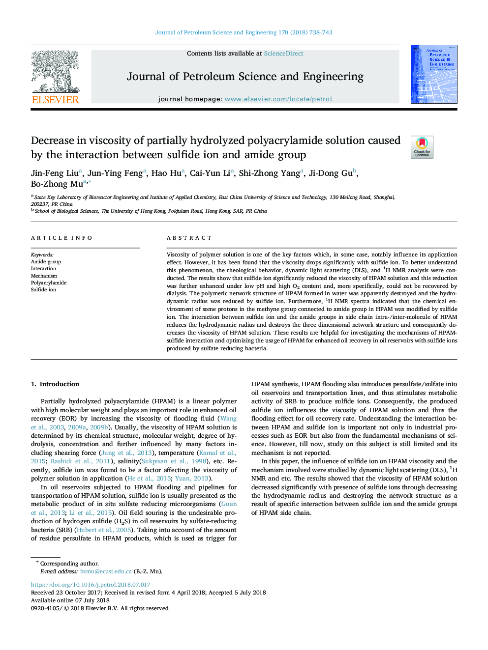 Decrease in viscosity of partially hydrolyzed polyacrylamide solution caused by the interaction between sulfide ion and amide group