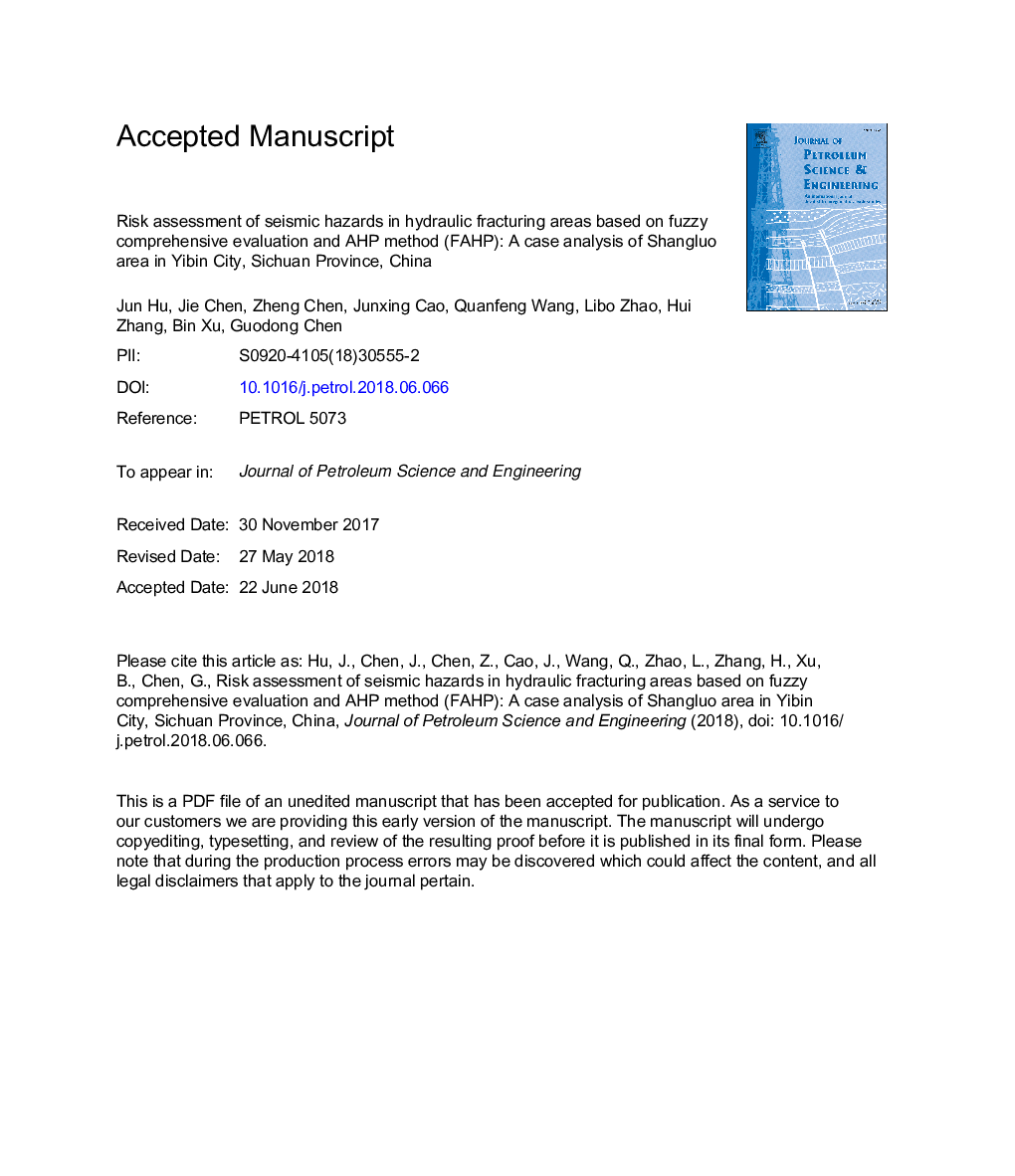 Risk assessment of seismic hazards in hydraulic fracturing areas based on fuzzy comprehensive evaluation and AHP method (FAHP): A case analysis of Shangluo area in Yibin City, Sichuan Province, China