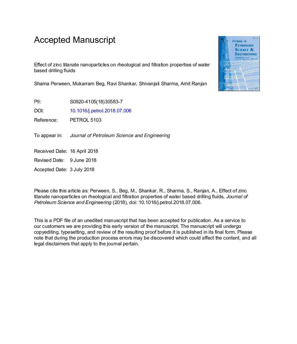 Effect of zinc titanate nanoparticles on rheological and filtration properties of water based drilling fluids