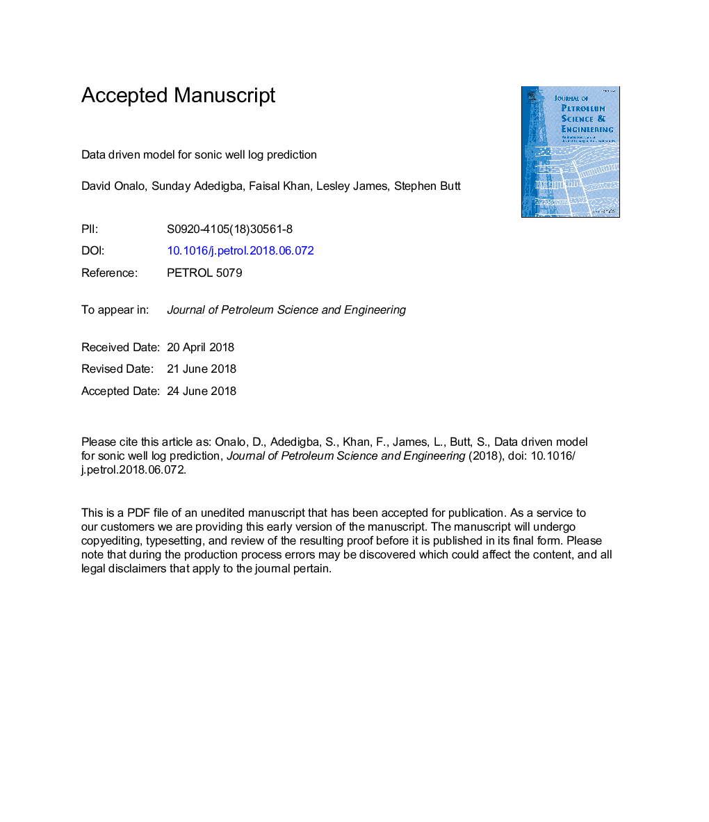 Data driven model for sonic well log prediction