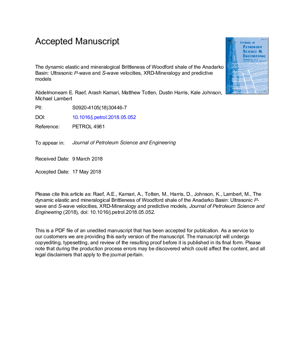 The dynamic elastic and mineralogical Brittleness of Woodford shale of the Anadarko Basin: Ultrasonic P-wave and S-wave velocities, XRD-Mineralogy and predictive models