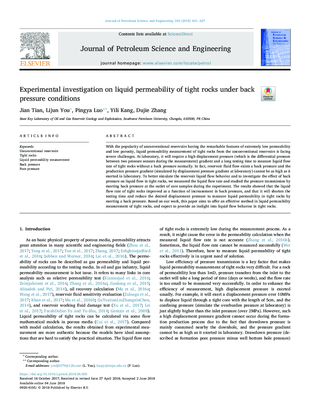 Experimental investigation on liquid permeability of tight rocks under back pressure conditions