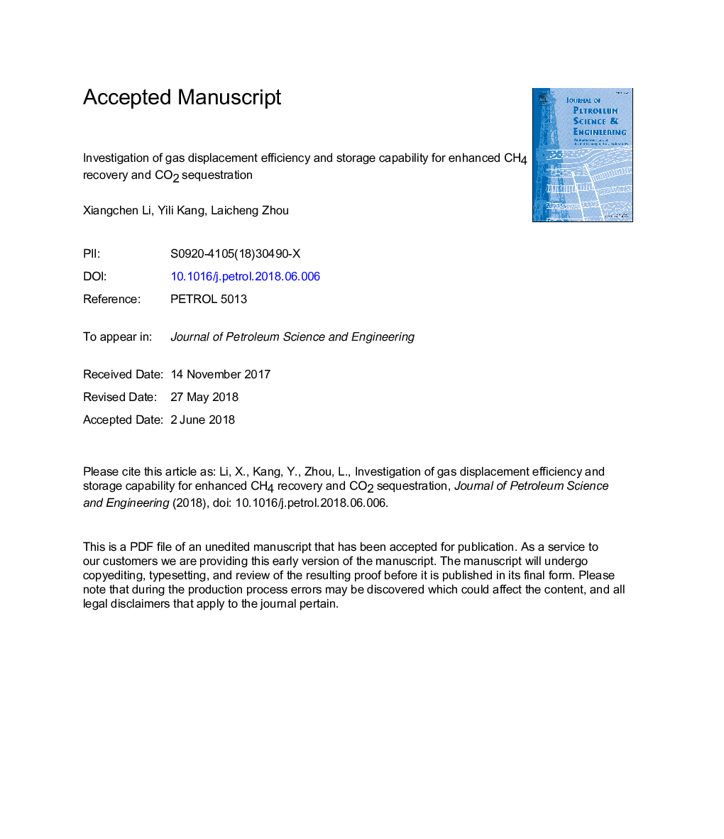 Investigation of gas displacement efficiency and storage capability for enhanced CH4 recovery and CO2 sequestration