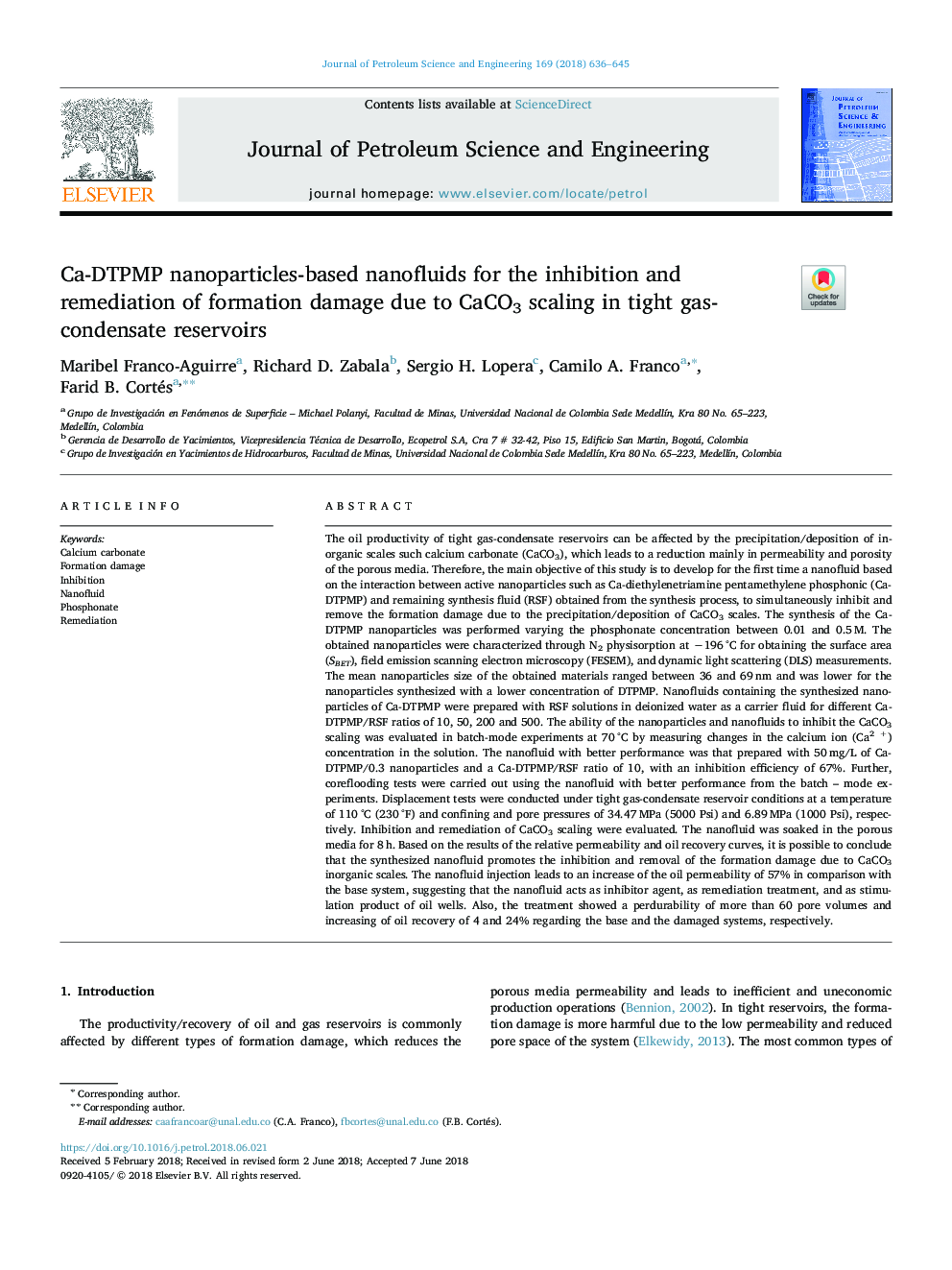 Ca-DTPMP nanoparticles-based nanofluids for the inhibition and remediation of formation damage due to CaCO3 scaling in tight gas-condensate reservoirs