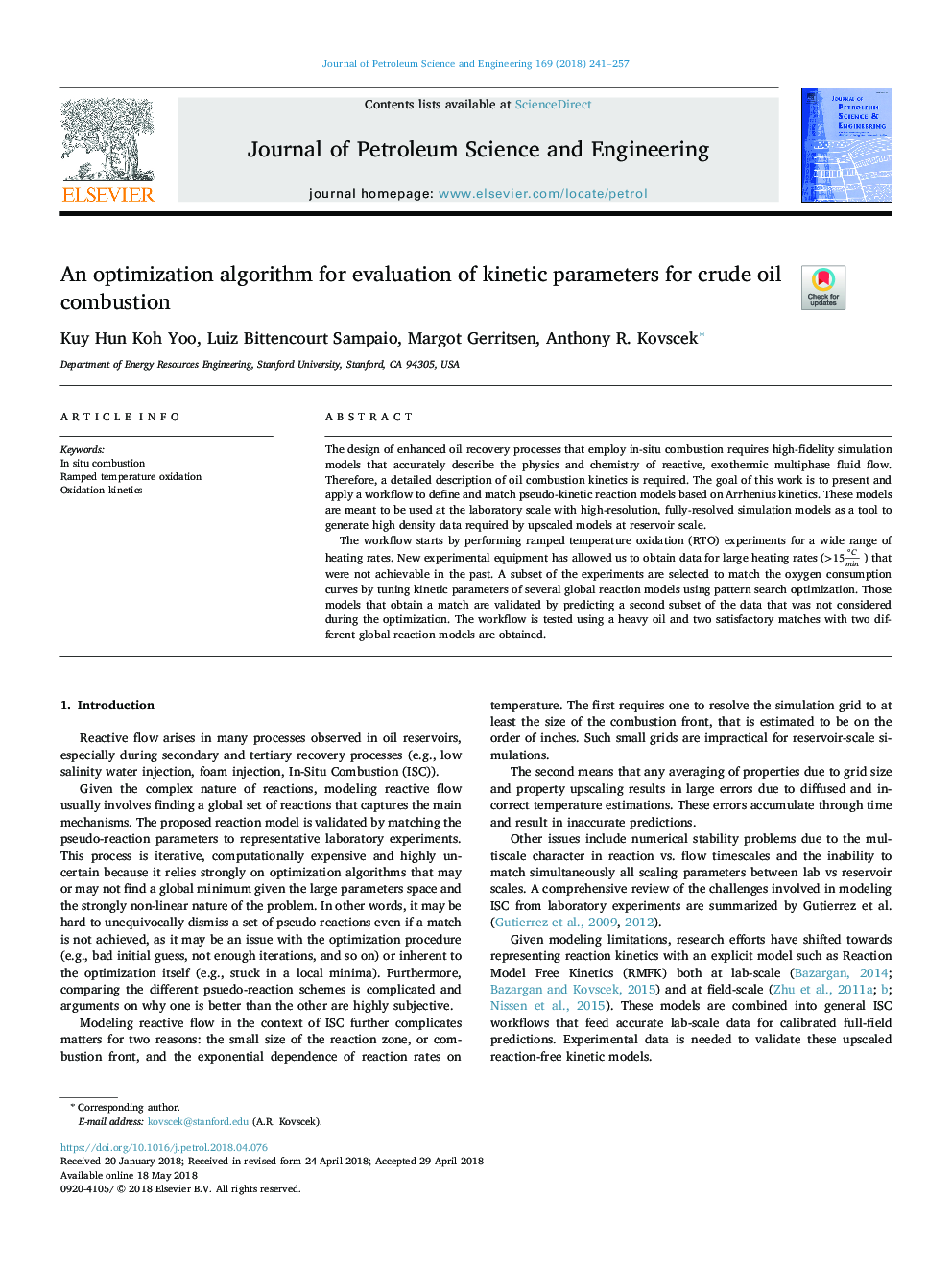 An optimization algorithm for evaluation of kinetic parameters for crude oil combustion