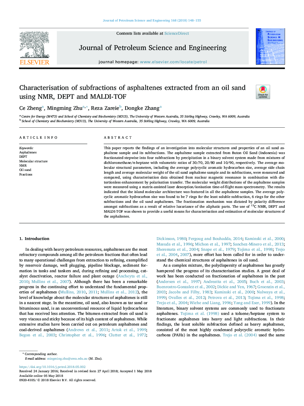 Characterisation of subfractions of asphaltenes extracted from an oil sand using NMR, DEPT and MALDI-TOF