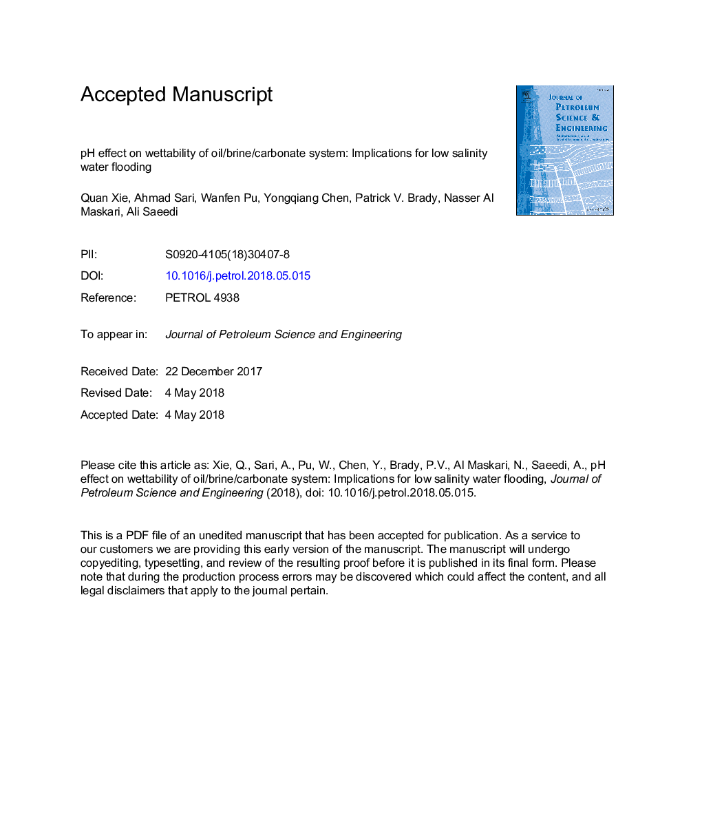 pH effect on wettability of oil/brine/carbonate system: Implications for low salinity water flooding