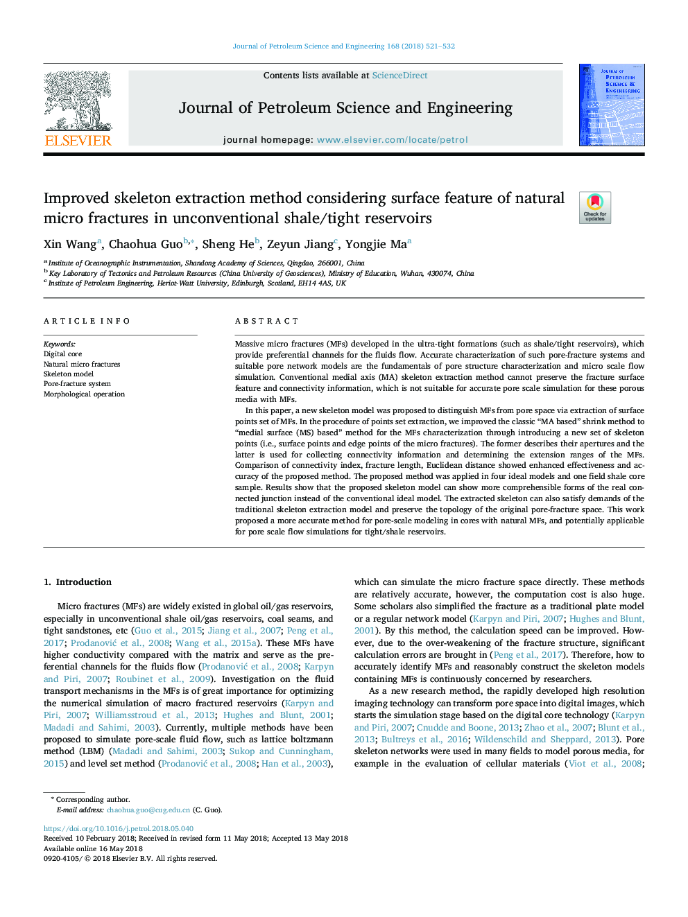 Improved skeleton extraction method considering surface feature of natural micro fractures in unconventional shale/tight reservoirs