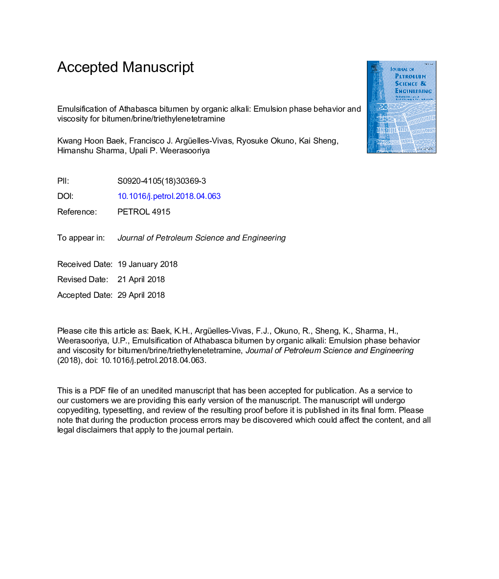 Emulsification of Athabasca bitumen by organic alkali: Emulsion phase behavior and viscosity for bitumen/brine/triethylenetetramine