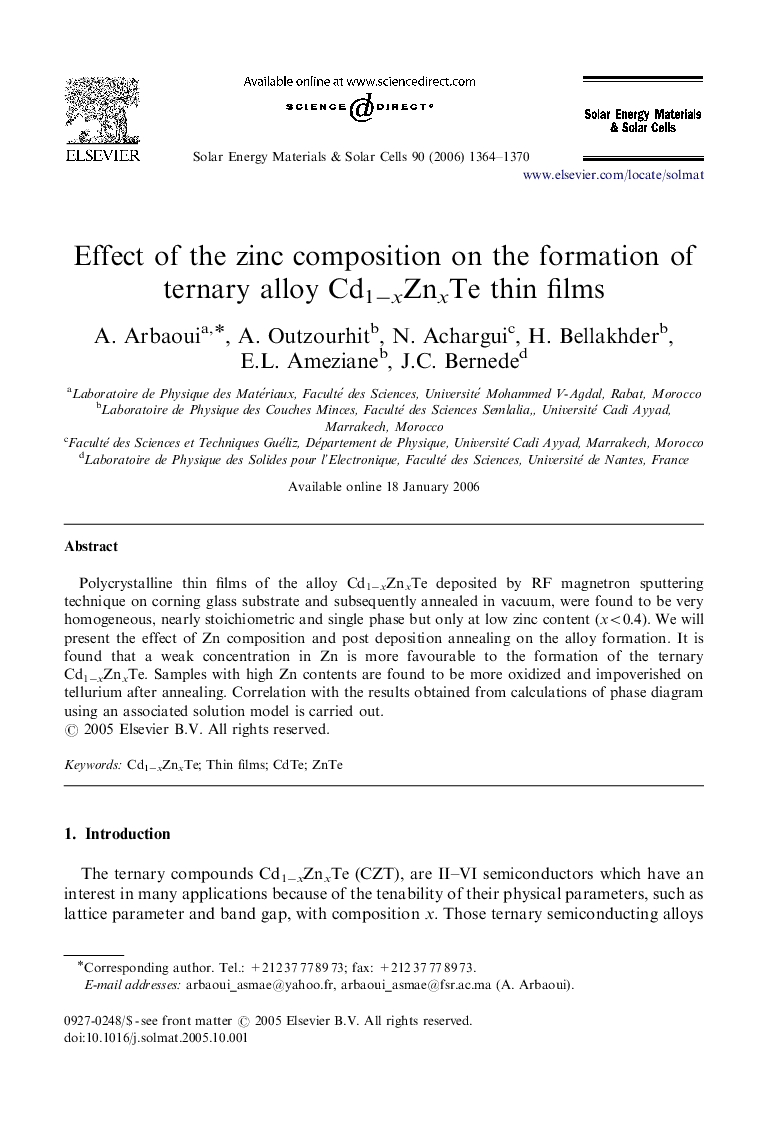 Effect of the zinc composition on the formation of ternary alloy Cd1−xZnxTe thin films