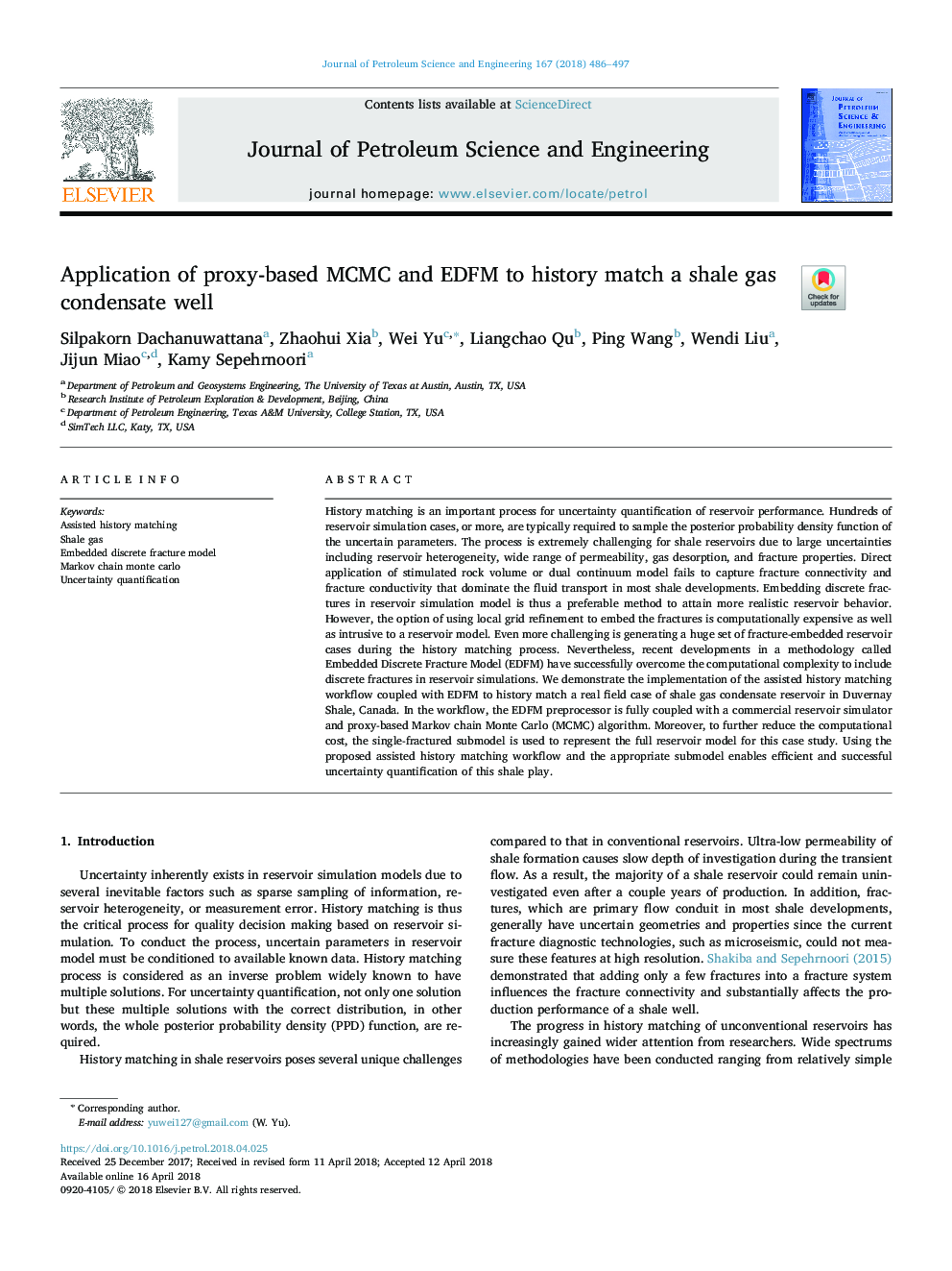 Application of proxy-based MCMC and EDFM to history match a shale gas condensate well