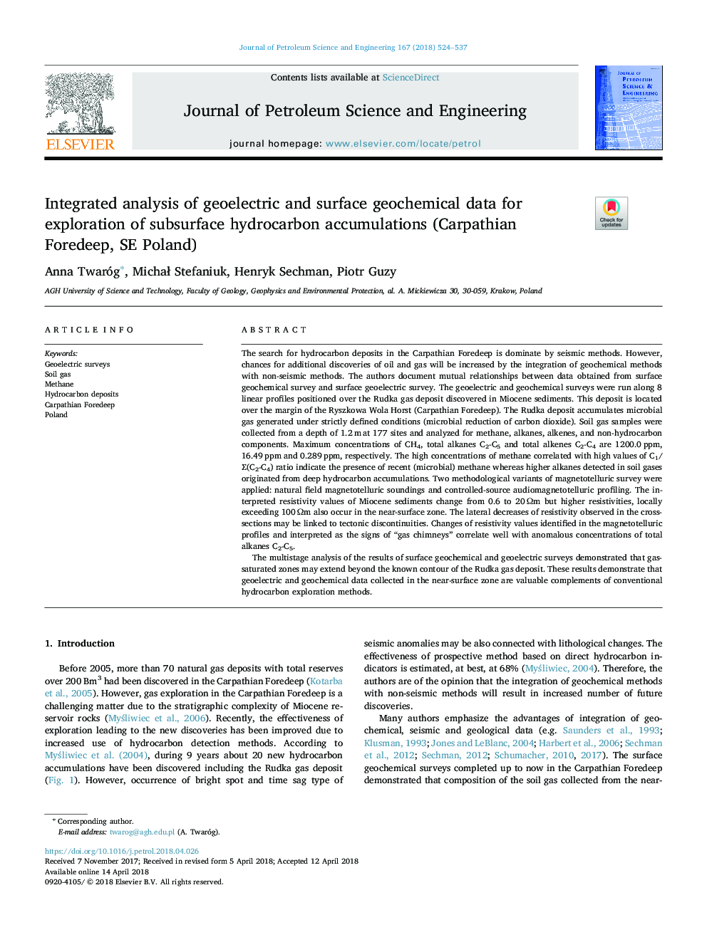 Integrated analysis of geoelectric and surface geochemical data for exploration of subsurface hydrocarbon accumulations (Carpathian Foredeep, SE Poland)