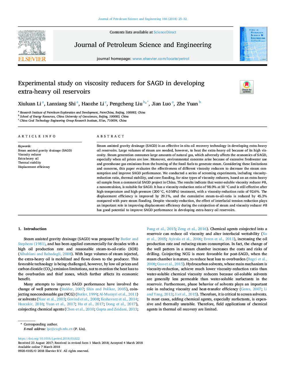 Experimental study on viscosity reducers for SAGD in developing extra-heavy oil reservoirs