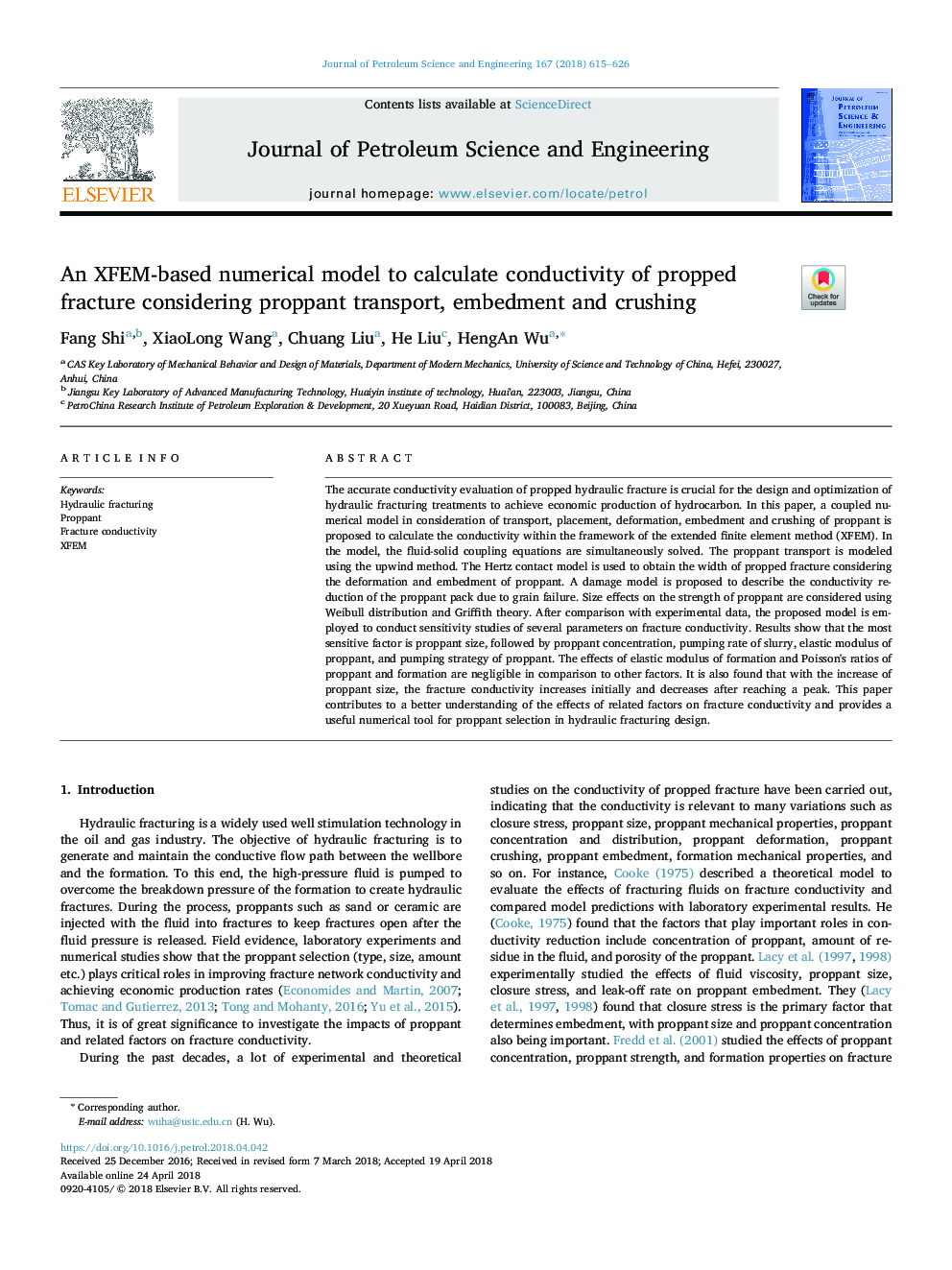 An XFEM-based numerical model to calculate conductivity of propped fracture considering proppant transport, embedment and crushing