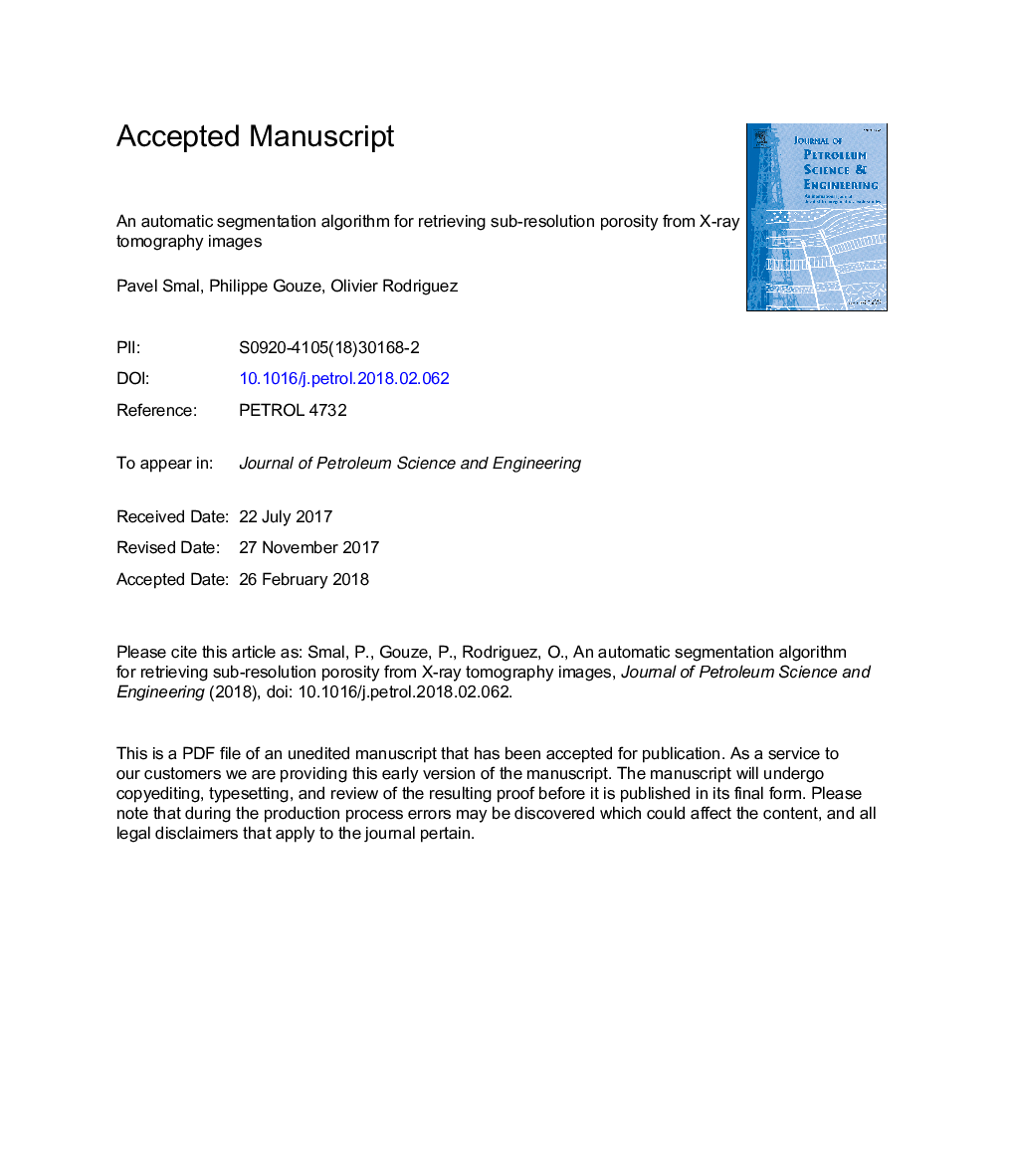 یک الگوریتم تقسیم بندی اتوماتیک برای بازیابی تخلخل باالی قطعه از تصاویر توموگرافی اشعه ایکس 