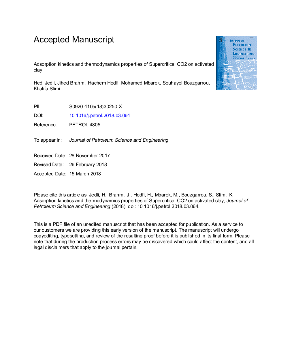 Adsorption kinetics and thermodynamics properties of Supercritical CO2 on activated clay