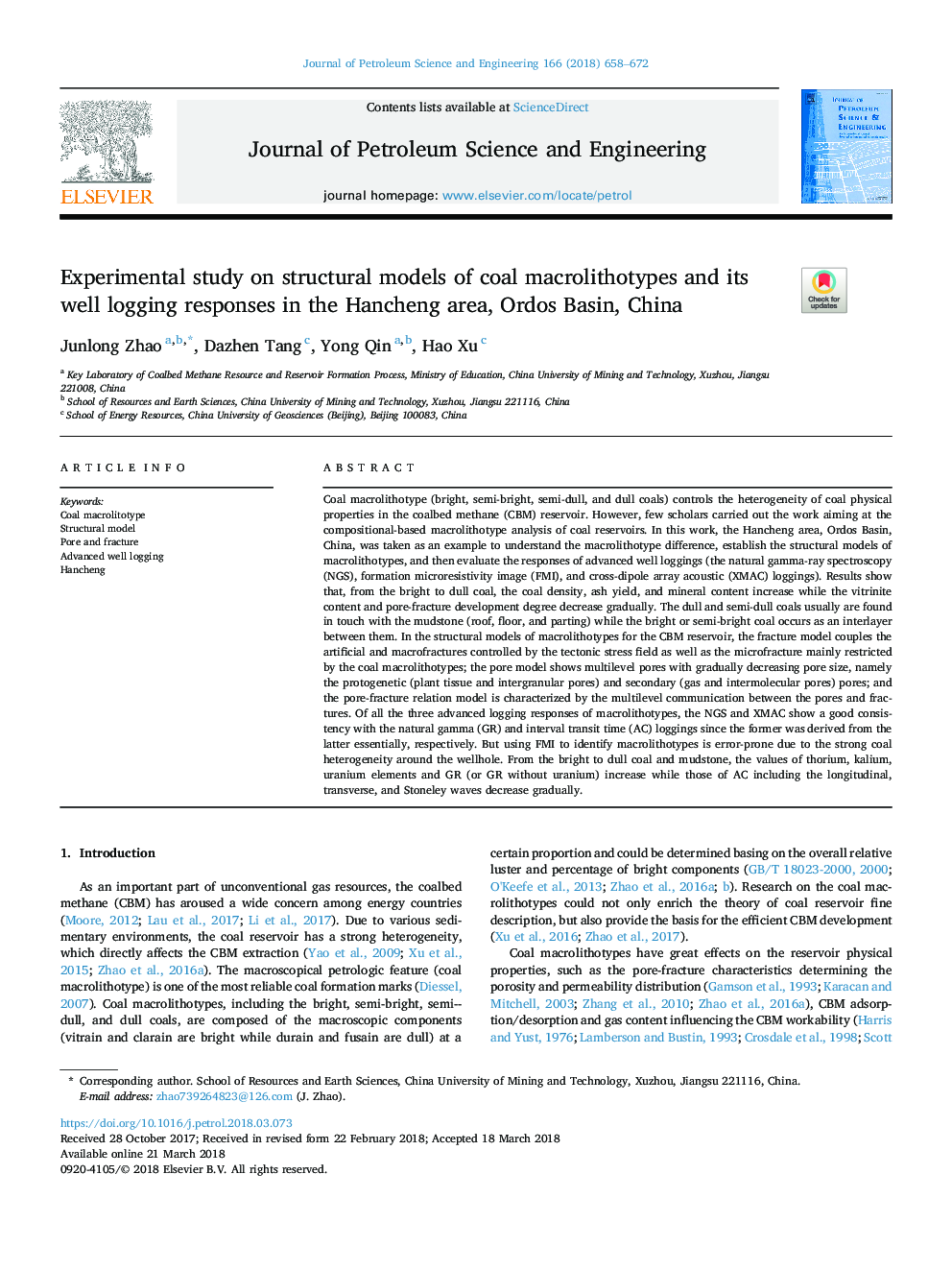 Experimental study on structural models of coal macrolithotypes and its well logging responses in the Hancheng area, Ordos Basin, China