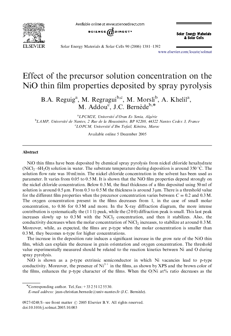 Effect of the precursor solution concentration on the NiO thin film properties deposited by spray pyrolysis