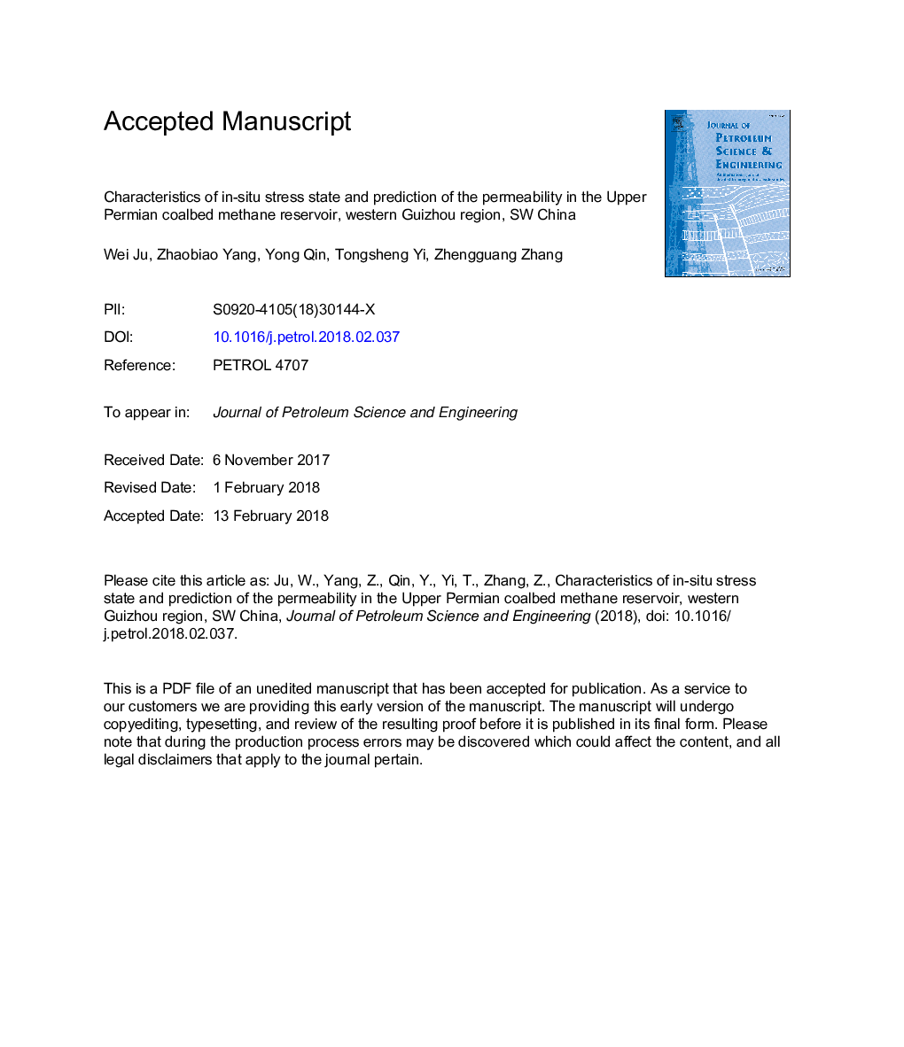 Characteristics of in-situ stress state and prediction of the permeability in the Upper Permian coalbed methane reservoir, western Guizhou region, SW China