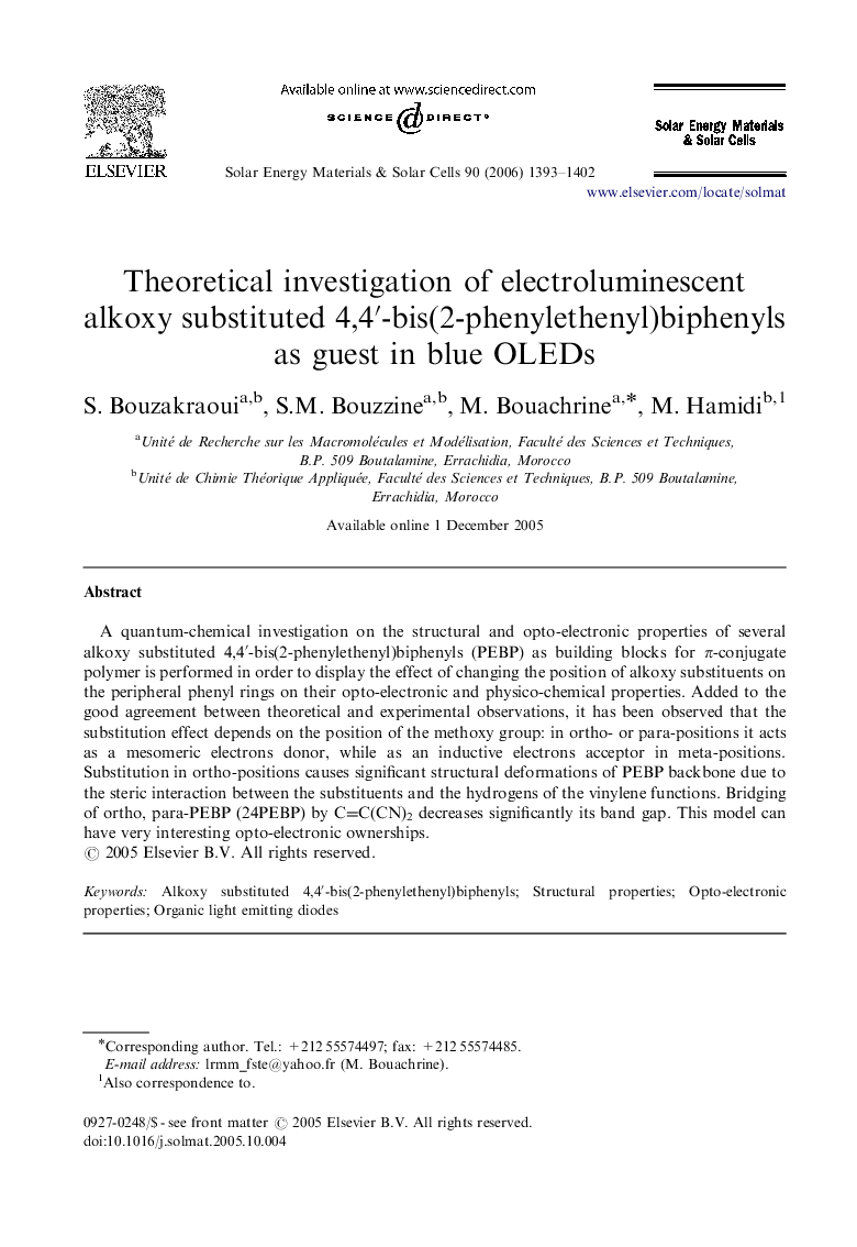 Theoretical investigation of electroluminescent alkoxy substituted 4,4′-bis(2-phenylethenyl)biphenyls as guest in blue OLEDs