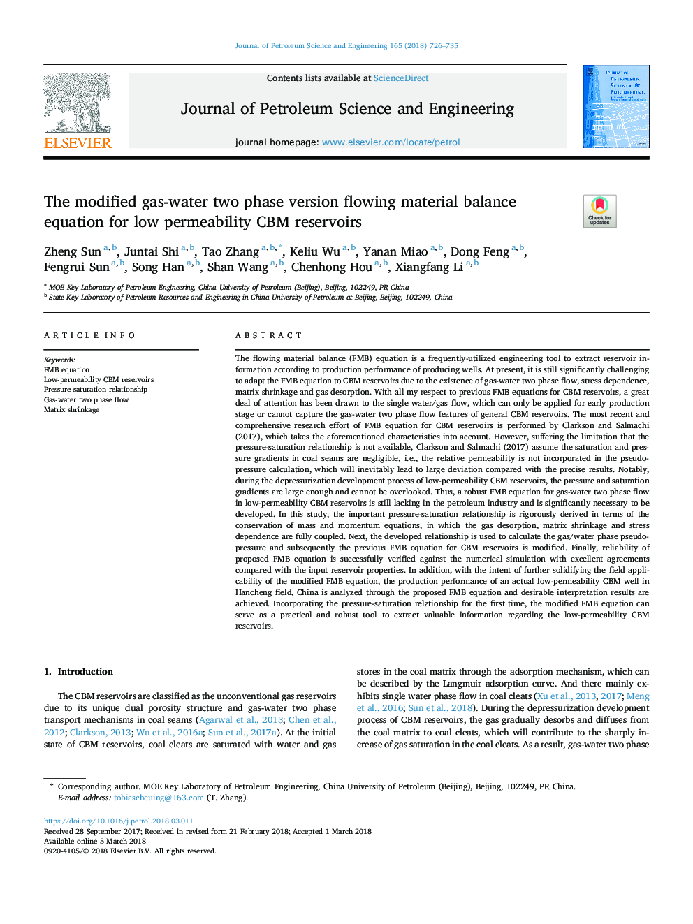 The modified gas-water two phase version flowing material balance equation for low permeability CBM reservoirs