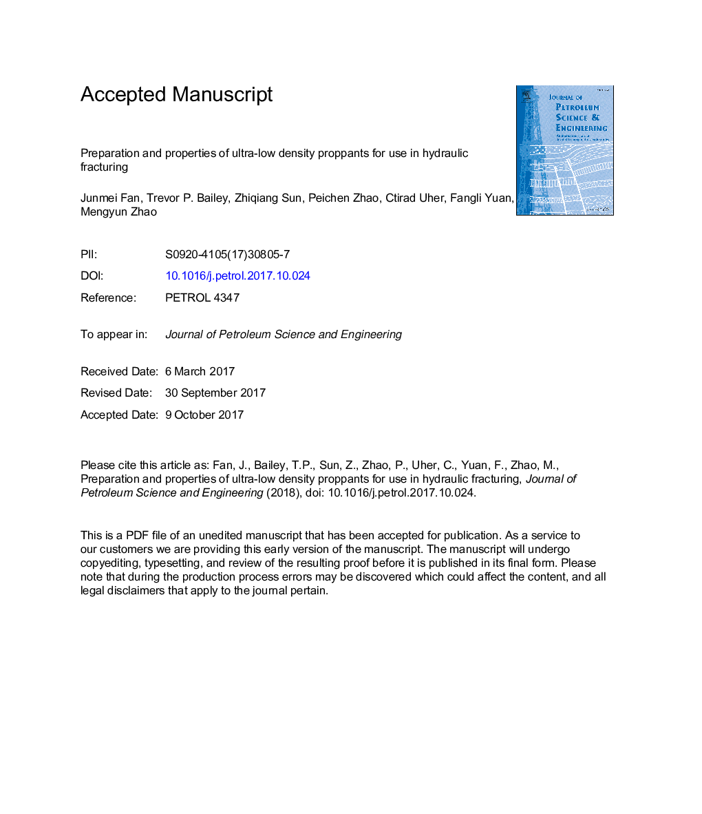 Preparation and properties of ultra-low density proppants for use in hydraulic fracturing