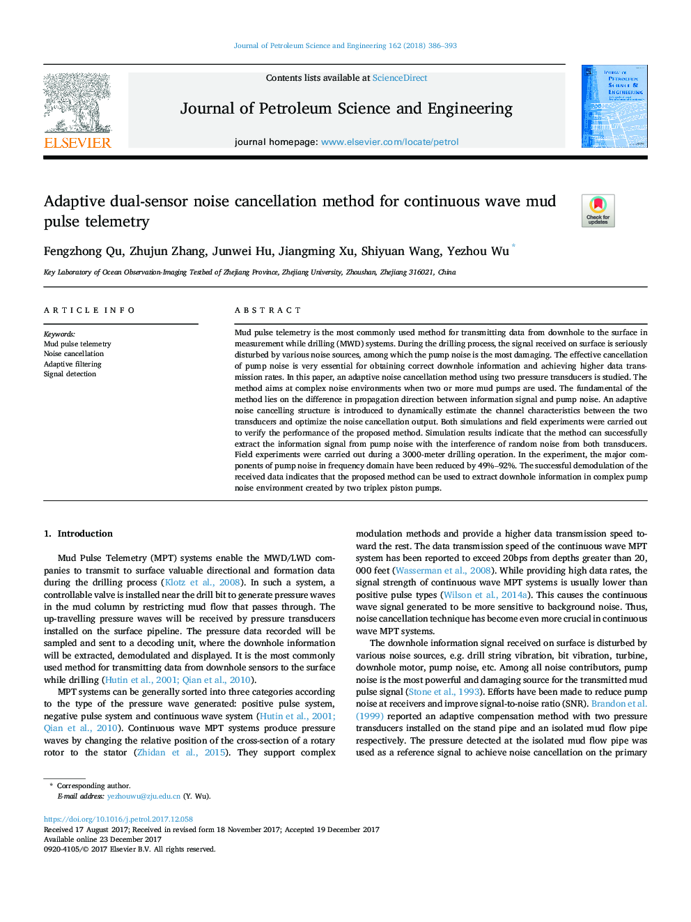 Adaptive dual-sensor noise cancellation method for continuous wave mud pulse telemetry